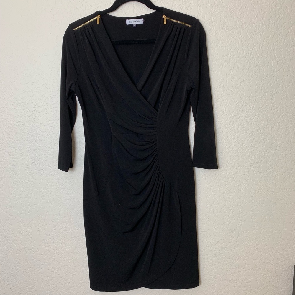 Calvin Klein: Black Slinky Gold Zipper Dress Small